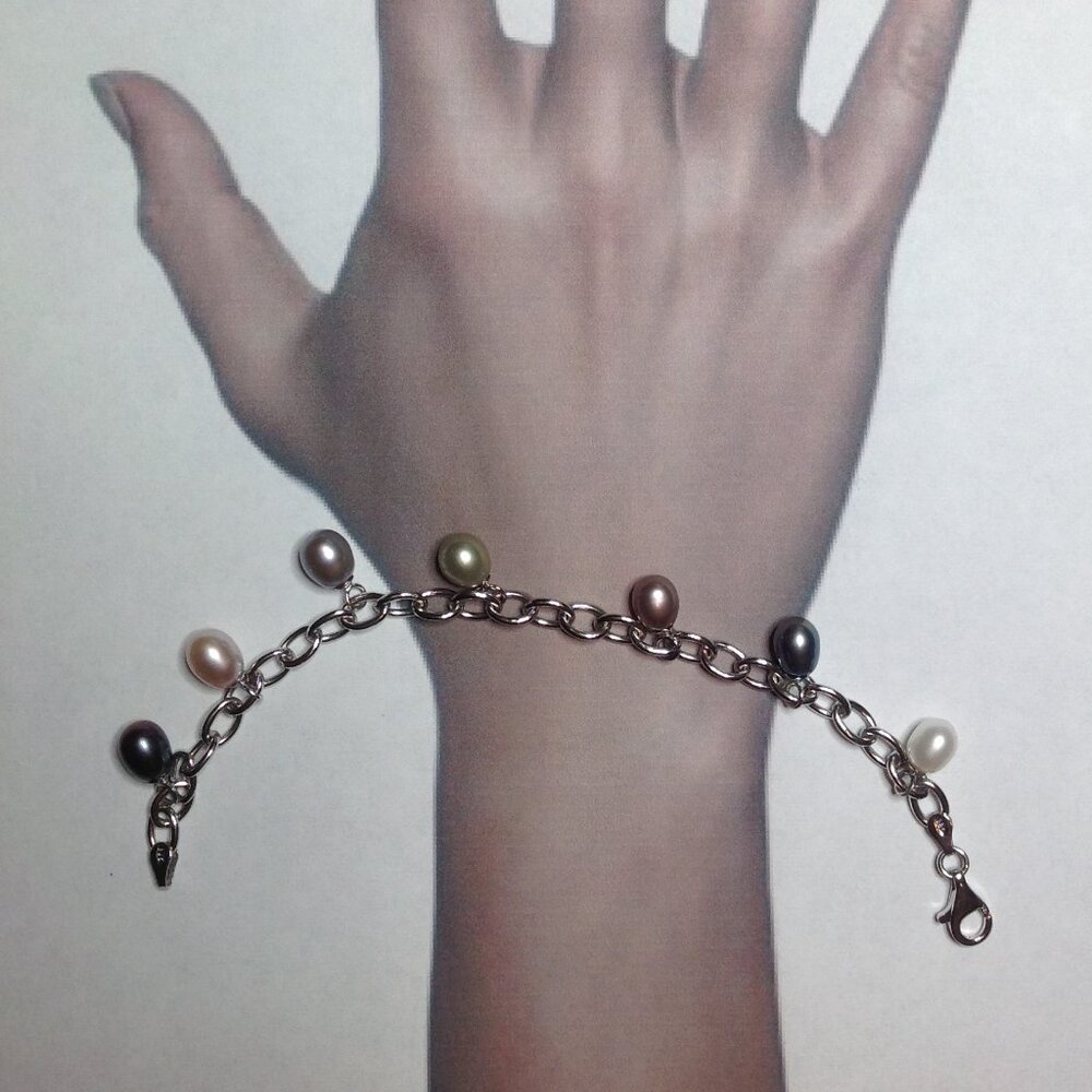 Silver Cable Links Dangling Drop  Fresh Water Pearl Bracelet